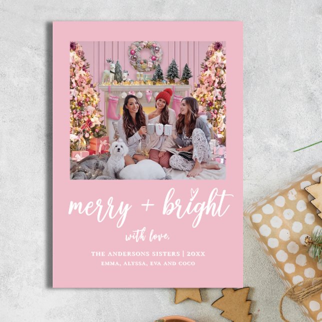 Merry Bright Elegant Pink Sisters Christmas Photo Holiday Card (Creator Uploaded)