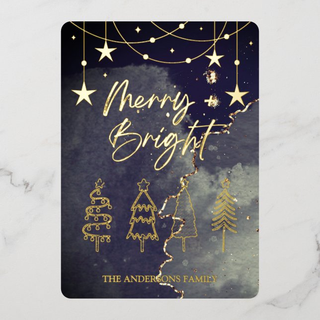 Merry Bright Elegant Script Pine Trees Christmas (Front)
