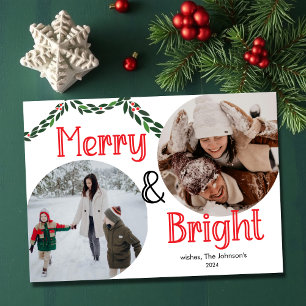 Merry & Bright   Elegant Trendy 2 photo Christmas  Holiday Card