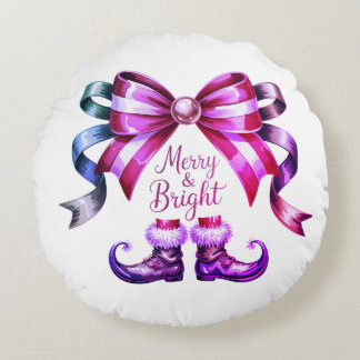 Merry & Bright Enchanted Bow & Elf Shoes Round Cushion