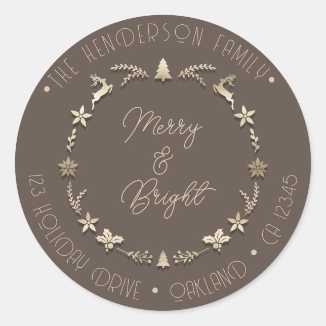 Merry Bright Family Address Deer Stars Gold Sepia Classic Round Sticker (Front)