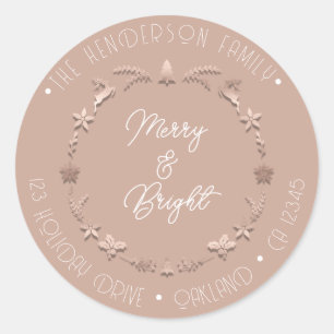 Merry Bright Family Address Wreath Deer Rose Pink Classic Round Sticker