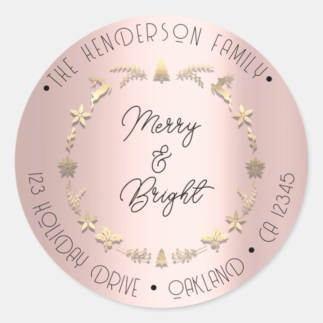 Merry Bright Family Address Wreath Gold Rose Classic Round Sticker (Front)