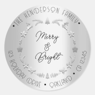 Merry Bright Family Address Wreath Grey Silver Classic Round Sticker