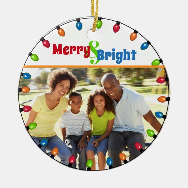 Merry & Bright Family Photo Christmas Lights  Ceramic Tree Decoration (Front)