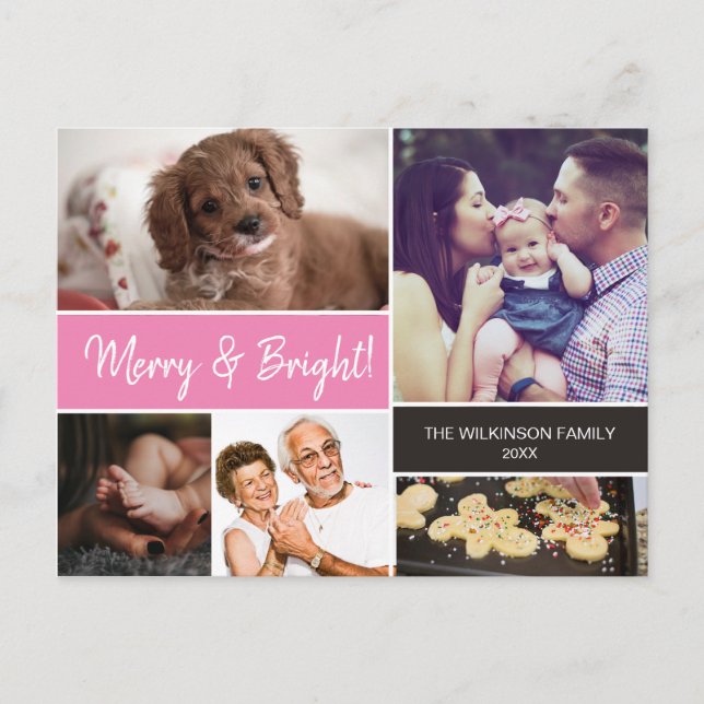 Merry & Bright Family Photo Collage Pink Christmas Holiday Postcard (Front)
