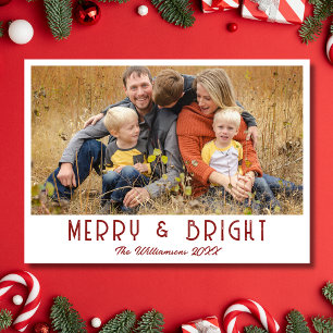 Merry & Bright Family Photo Modern Deep Burgundy Holiday Card