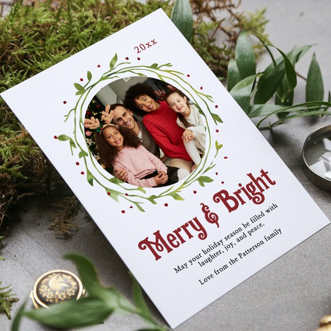 Merry & Bright Family Photo Wreath Christmas Cards (Creator Uploaded)