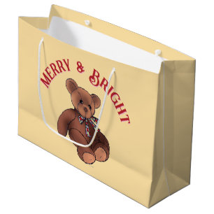 Merry & Bright Festive Teddy Bear Cute Christmas Large Gift Bag