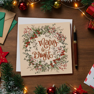 Merry Bright Floral Simple Wreath Holiday Card