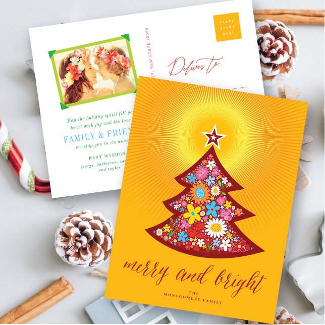 Merry & Bright Flowers Christmas Tree Postcard (Creator Uploaded)