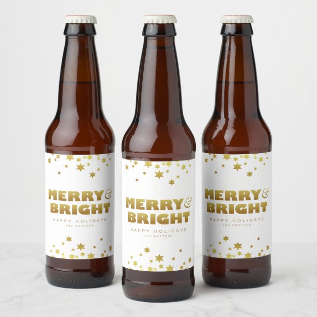 Merry & Bright | Fun Christmas White & Gold  Beer Bottle Label (Bottles)