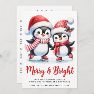 Merry Bright Fun Penguins White Red Christmas Holiday Card