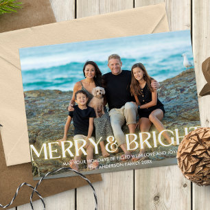 Merry & Bright Glowing Modern Font One Photo Holiday Card