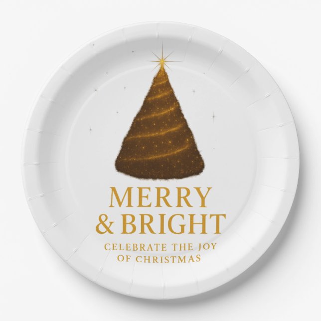 Merry & Bright Gold Christmas Paper Dinner Plates (Front)