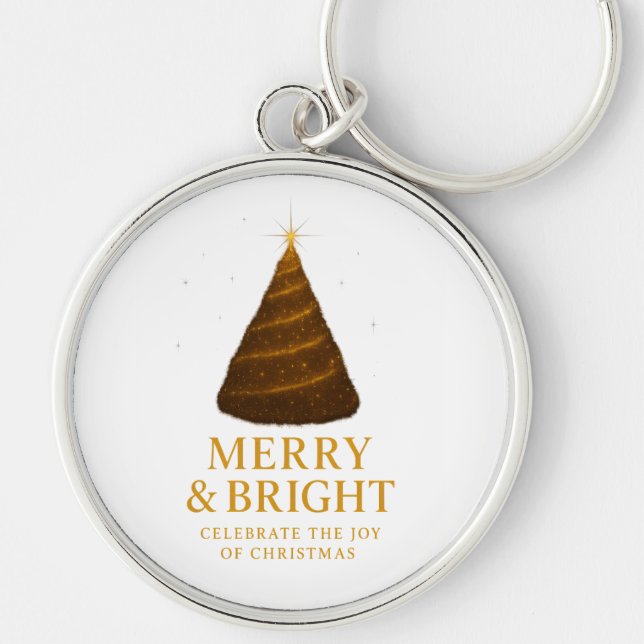 Merry & Bright Gold Glitter Christmas Round Key Ring (Front)