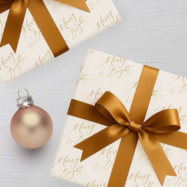 Merry & Bright Gold Script Christmas Wrapping Paper (Creator Uploaded)