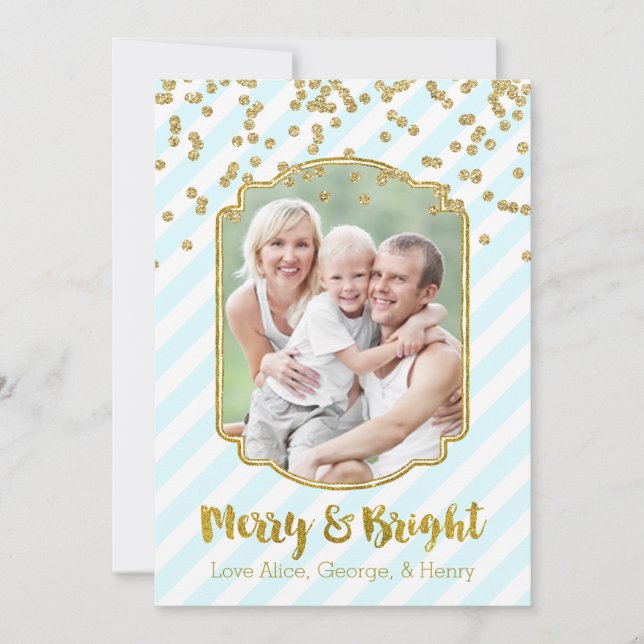 Merry & Bright Gold Sky Blue Stripes Photo Card (Front)
