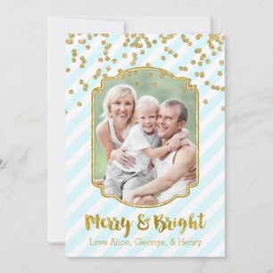 Merry & Bright Gold Sky Blue Stripes Photo Card