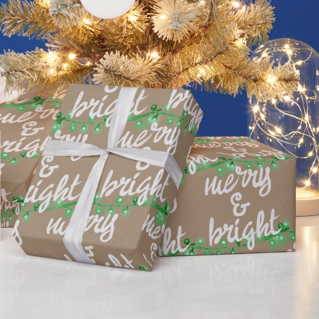 Merry & Bright Green Christmas Tree Lights Kraft W Wrapping Paper (Holidays)