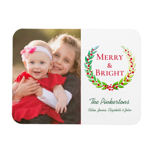 Merry & Bright Green Laurel Wreath Photo Holiday Magnet (Horizontal)