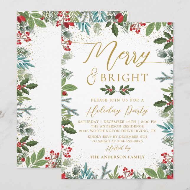Merry & Bright Greenery Holly Berries Holiday Invitation (Front/Back)