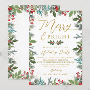 Merry & Bright Greenery Holly Berries Holiday Invitation