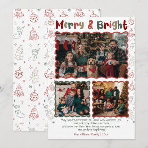 Merry & Bright Hand Drawn Christmas Photo Collage Holiday Card