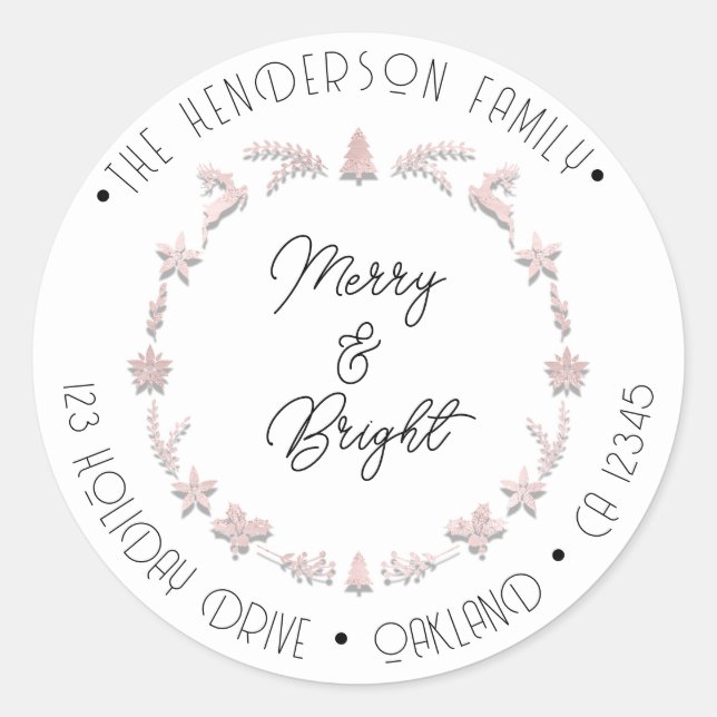 Merry Bright Holiday Address Wreath Deer PinkWhite Classic Round Sticker (Front)