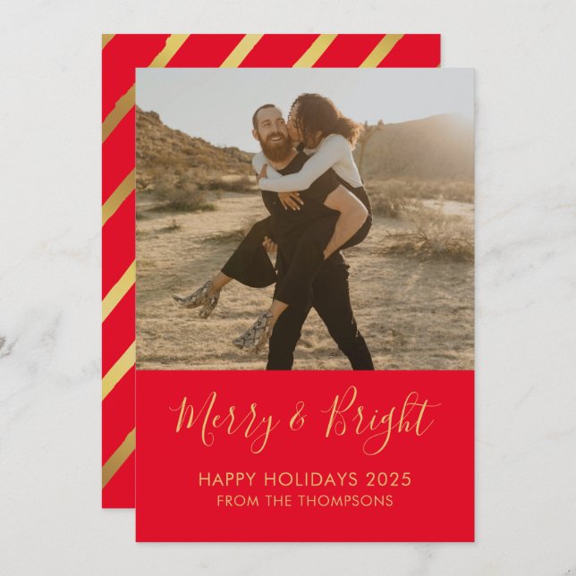 Merry & Bright Holiday Christmas red Photo card (Front/Back)