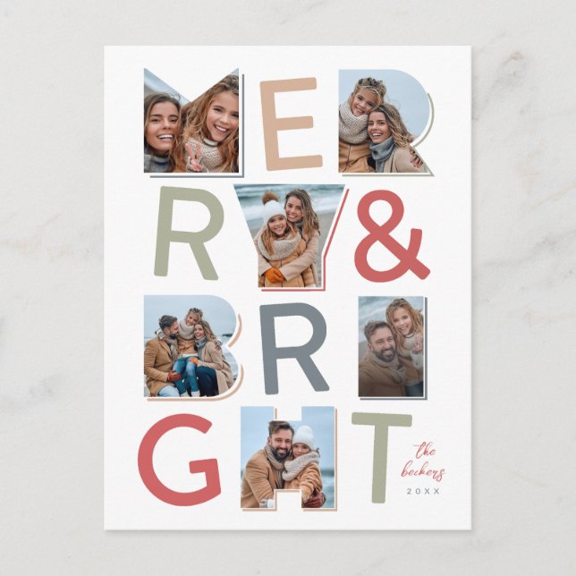Merry & Bright Holiday Photo Collage Postcard (Front)