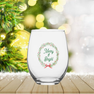 Merry & Bright Holiday Wreath Stemless Wine Glass