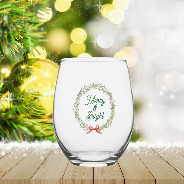 Merry & Bright Holiday Wreath Stemless Wine Glass (In Situ Christmas)
