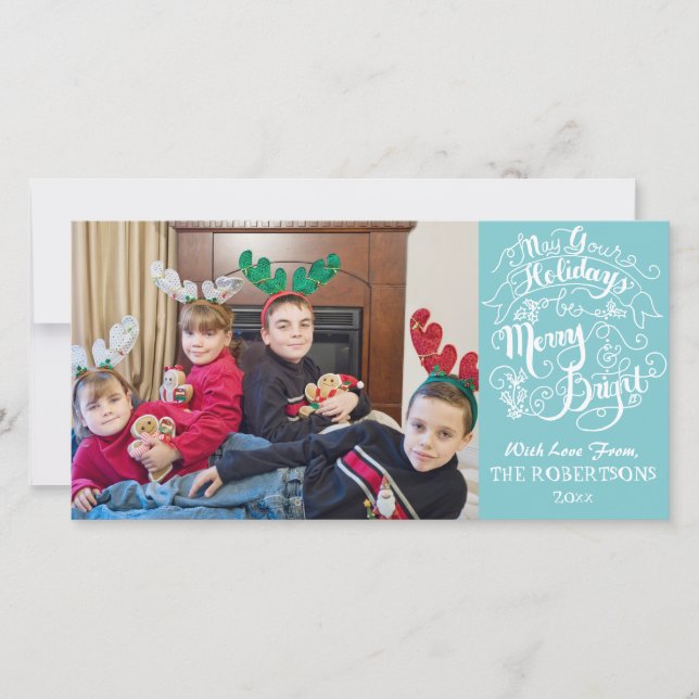 Merry Bright Holidays Aqua Modern Photo Christmas Holiday Card (Front)