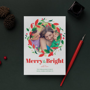 Merry & Bright Holly Wreath Cute Family Photo Holiday Card