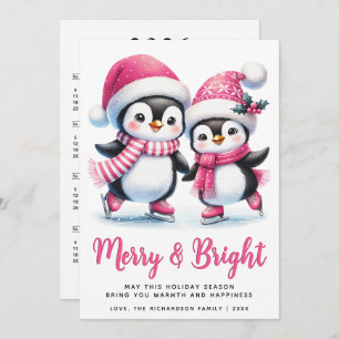 Merry Bright Ice Skating Penguins Pink Christmas Holiday Card