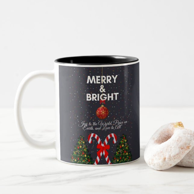 "Merry & Bright Joyful Christmas Card" Two-Tone Coffee Mug (With Donut)
