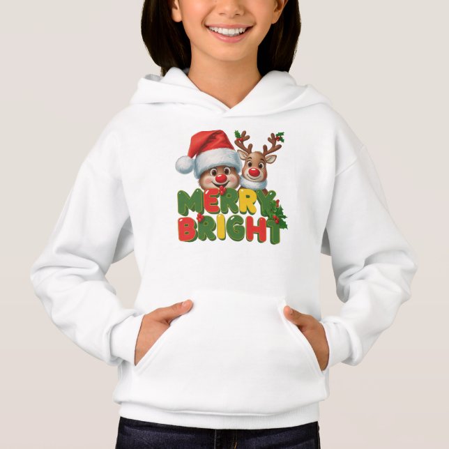 Merry & Bright Kids Pullover Hoodie – Cute Santa  (Front)
