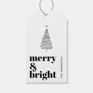 Merry & Bright, Line Christmas Tree Black & White Gift Tags