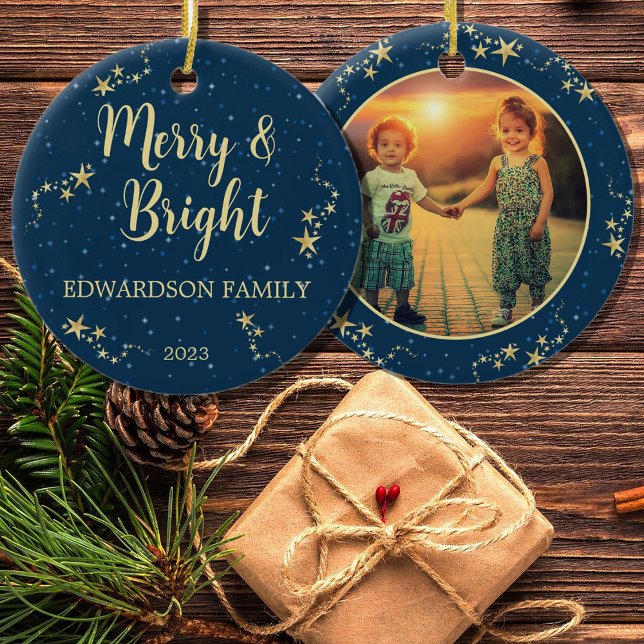 Merry & Bright Merry Christmas family photo Ceramic Tree Decoration (Merry & Bright Merry Christmas family photo Ceramic Ornament. Very personal and unique ornament,)