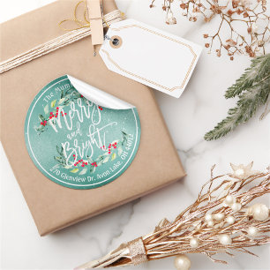 Merry Bright Merry Christmas Holly Floral Address Classic Round Sticker