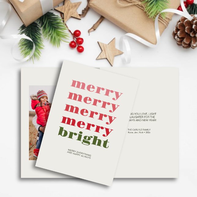 Merry & Bright Minimal Green Christmas Photo Holiday Card (Creator Uploaded)