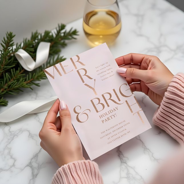 Merry & Bright Minimal Holiday Christmas Party Invitation (Merry & Bright Minimal Holiday Christmas Party Pink Invitation)