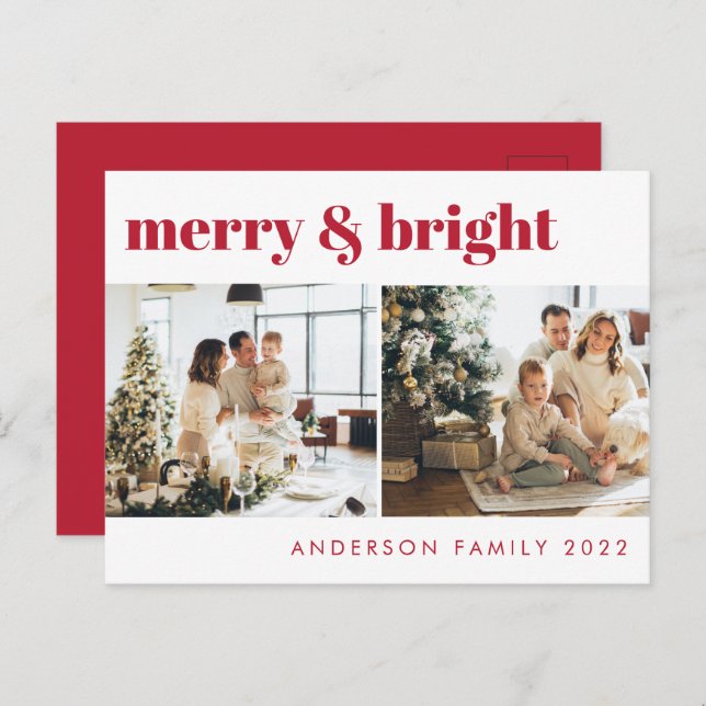 Merry & Bright Minimalist Christmas Greeting | Red Postcard (Front/Back)