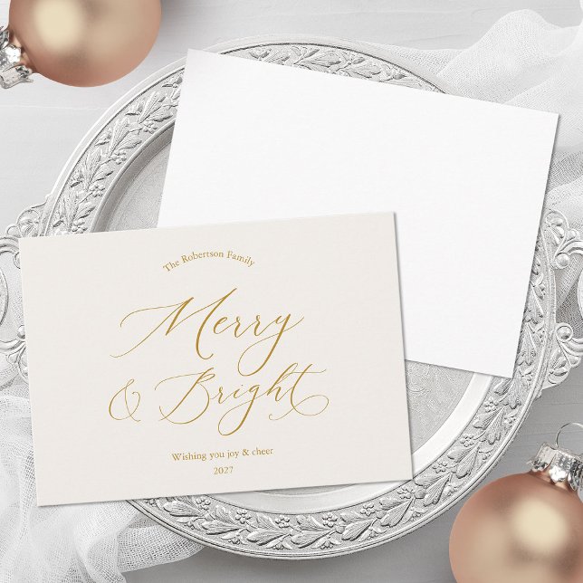 Merry & Bright Minimalist Gold Script Christmas Holiday Card (Creator Uploaded)