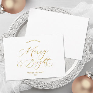Merry & Bright Minimalist Gold Script Christmas Holiday Card