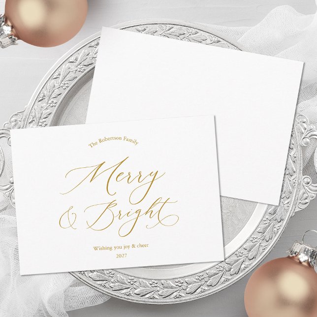 Merry & Bright Minimalist Gold Script Christmas Holiday Card (Creator Uploaded)