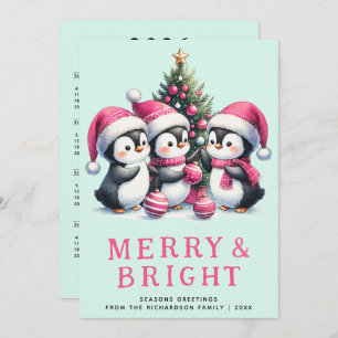 Merry & Bright Mint and Pink Christmas Penguin Holiday Card