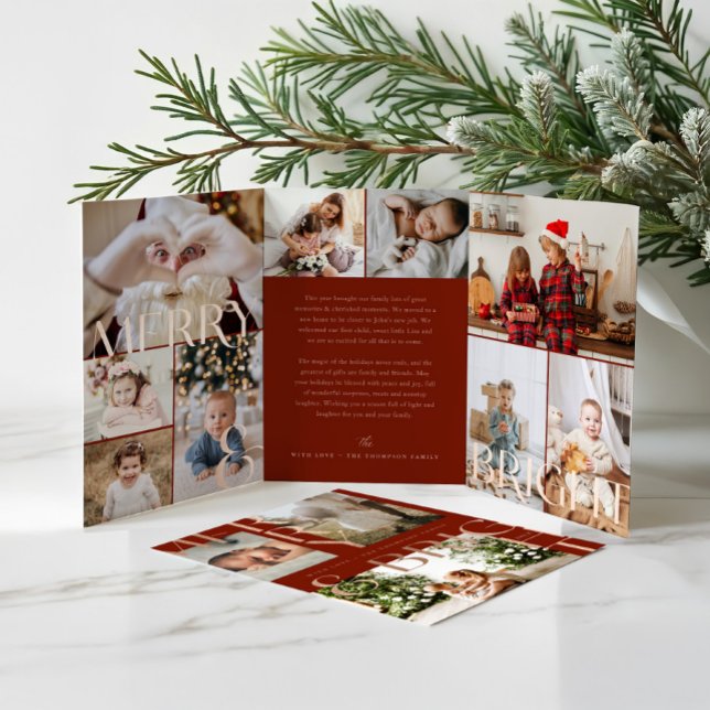 Merry & Bright Modern Bold Family Photo Collage Tri-Fold Holiday Card (Merry & Bright Modern Bold Family Photo Collage Tri-Fold Red Holiday Card (Inside))