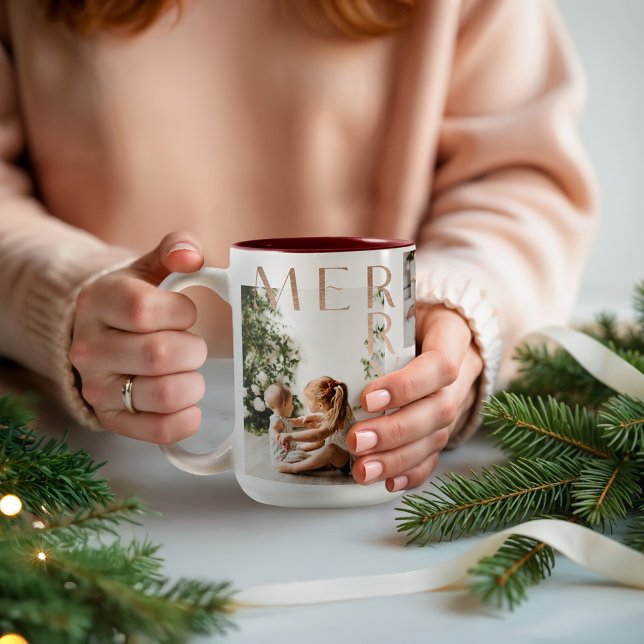 Merry & Bright Modern Bold Family Photo Collage Two-Tone Coffee Mug (Merry & Bright Modern Bold Family Photo Collage Two-Tone Coffee Mug)